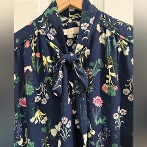 LOFT Floral Puss-Bow Indigo Floral Blouse